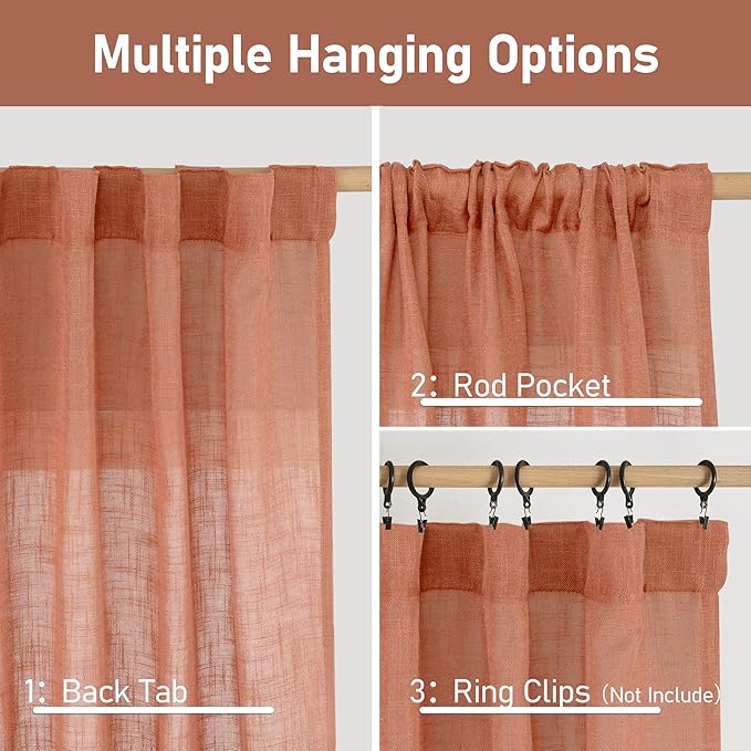 LAMIT Terracotta Linen Curtains 80 inch Length 2 Panels, Light Filtering Semi Sheer Panels Back Tab and Rod Pocket Neutral Drapes for Bedroom/Living Room, 34 x 80 Inch