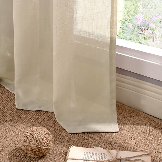 YoungsTex Light Tan Linen Curtains 90 Inch Long 2 Panels for Living Room, Grommet Light Filtering Drapes Burlap Textured Lightweight for Bedroom Dining Room Floor Length, 2 Panels, 52 X 90 Inch