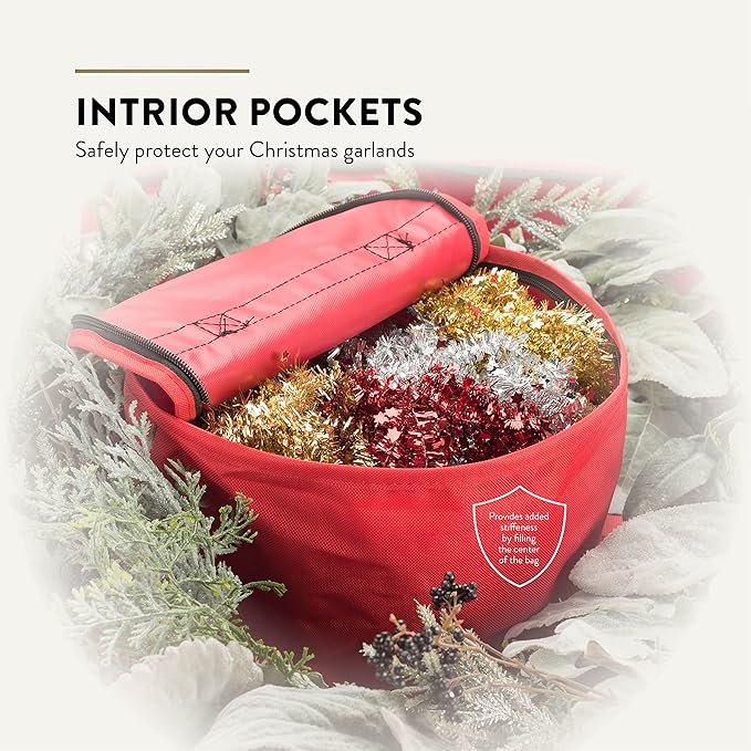 ZOBER Christmas Wreath Storage Container 36 Inch - Wreath Bag Fits 2 Wreaths Box - 600D Oxford Fabric - Interior Compartment for Storing Garlands, Wreaths Storage Bag W Strong Durable Handles - Red