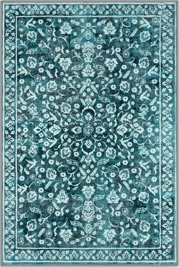 Vintage 3x5 Washable Rug for Entryway, Super Soft Dark Teal Entryway Rug with Non-Slip, Printed Faux Wool Floral 3x5 Area Rug Thin Floor Carpet for Kitchen, Bedroom, Living Room