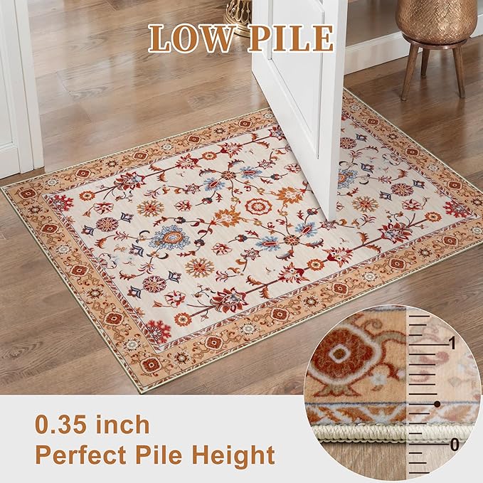 Tangsoo Floral Area Rug 6x9 Machine Washable Orange Rug Non-Slip Vintage Distressed Boho Print, Soft Low Pile Carpet for Living Room, Bedroom, Dining Room, Pet & Child Friendly (Orange Home Decor)