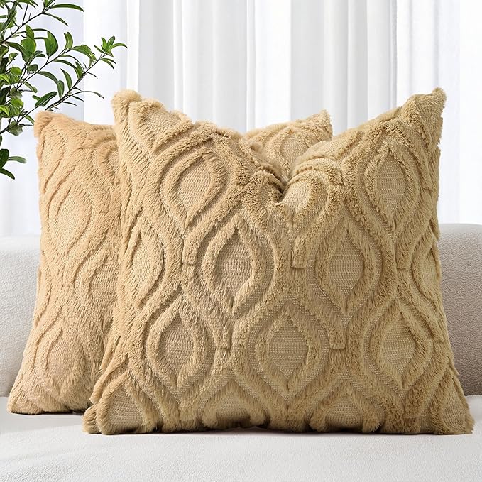 decorUhome Throw Pillow Covers 24x24 Inch Set of 2, Soft Plush Faux Wool Khaki Solid Couch Pillow Covers, Accent Farmhouse Neutral Square Pillow Cases for Sofa Bed Living Room