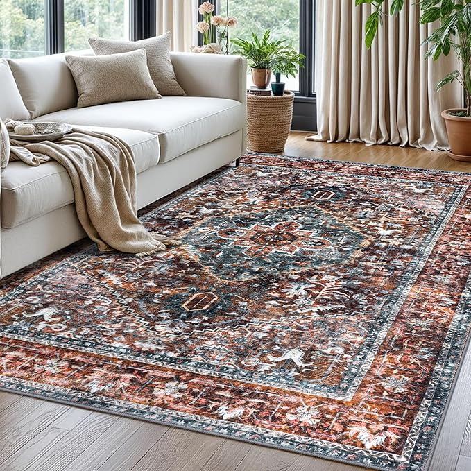 KOZYFLY Boho Area Rug 5x7 Ft Thin Rugs for Living Room Washable Bedroom Rug Non Slip Rugs Printed Faux Wool Vintage Bedroom Rug Floor Carpet for Dining Room Living Room, Brick Red/Orange/Green