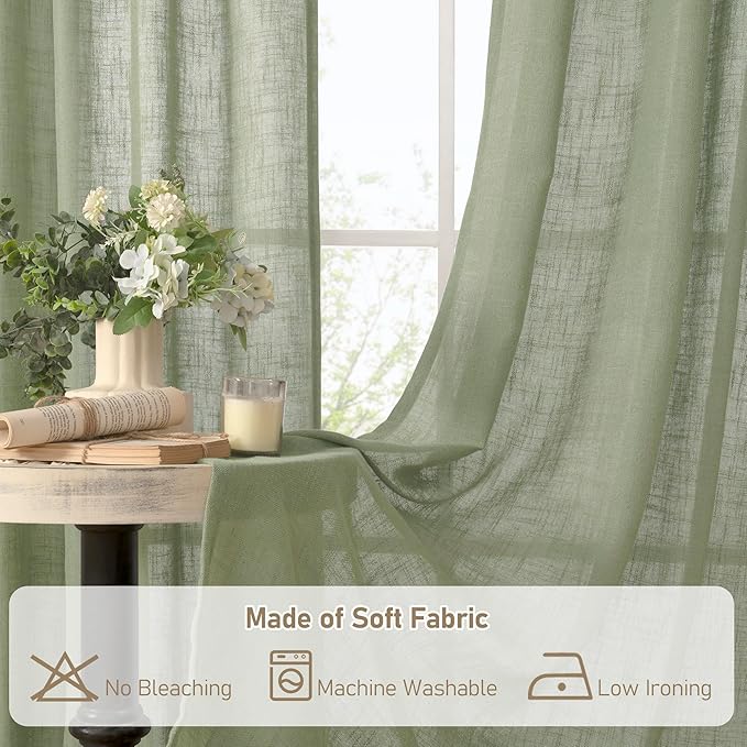 LAMIT Sage Green Linen Curtains 48 Inch Length 2 Panels, Light Filtering Panels Back Tab and Rod Pocket Neutral Drapes for Kitchen/Window/Loft Room, 34 x 48 Inch