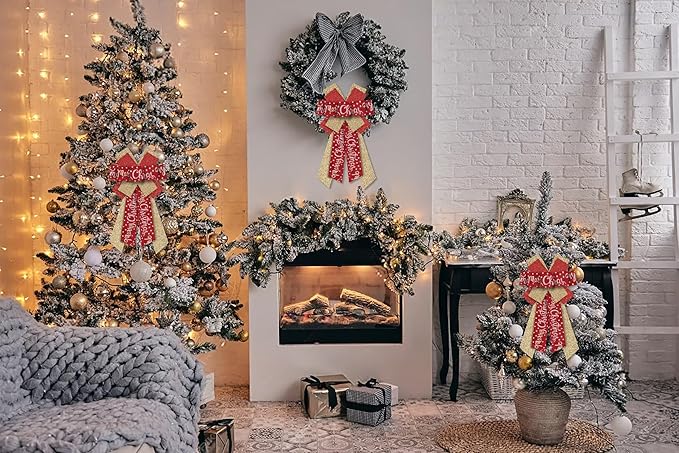 Hying Large Christmas Bows for Wreath, Christmas Wreath Bow Glitter Golden Red Burlap Bows Xmas Tree Topper Bows Ornaments for Front Door New Year Christmas Party Decoration Supplies
