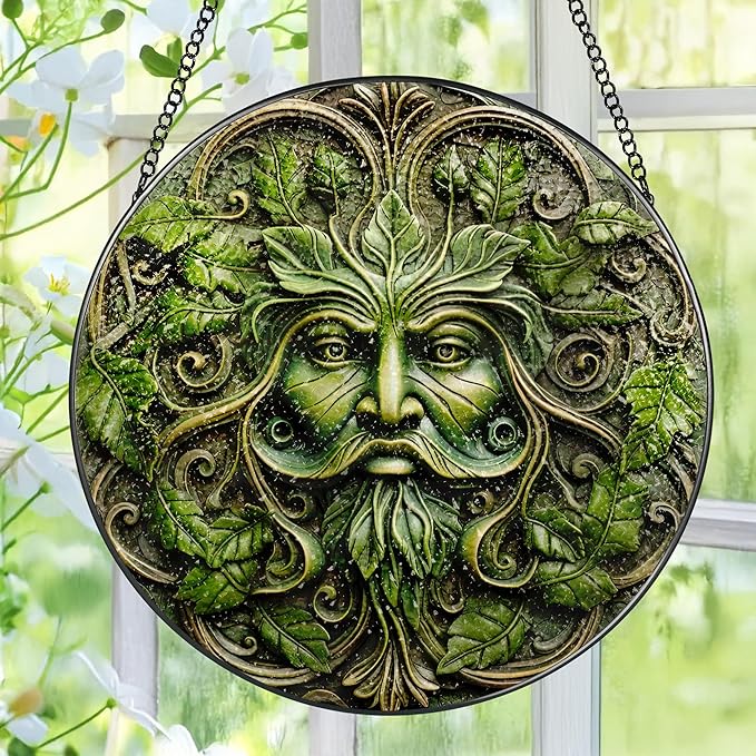 Green Man Stained Glass Suncatcher, Stained Glass Window Hanging, 8 Inch Window Decor Hanging, Gift for Garden Lovers, Fathers Day Birthday Gifts for Dad Grandpa Man Bother Husband Lover