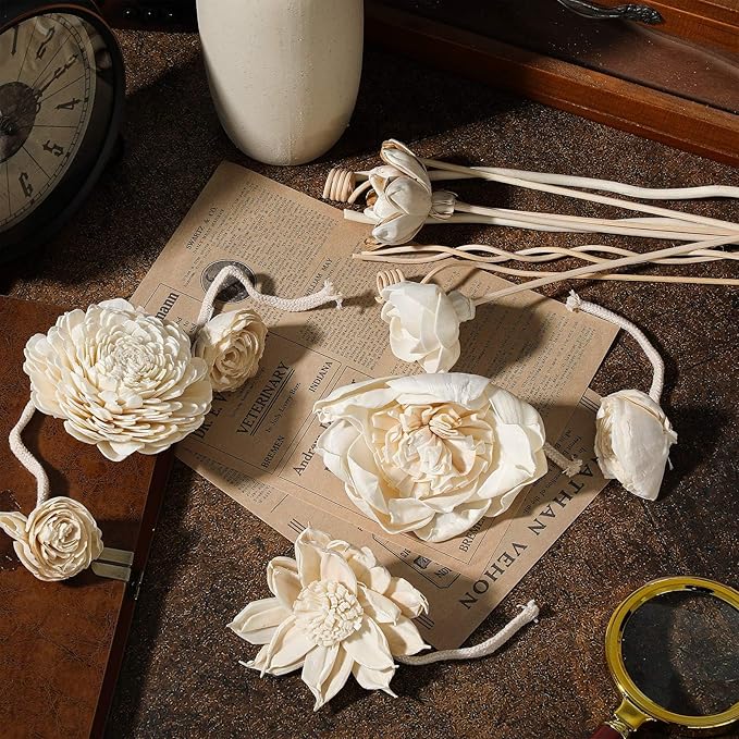 Waydress 15 Pcs Diffuser Mixed Sola Flowers Natural Material Aromatherapy Reed Wood Flowers Decorative Aromatherapy Flower Placement Refill Wood Flower Diffuser with Rope (1.57-3.15 Inches,Classis)