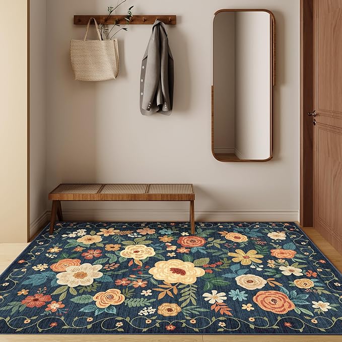 DUKINO 4x6 Area Rug, Lightweight Non Slip Washable Floral Rug, Indoor Low Pile & Non-Shedding Boho Design Rugs for Bedroom, Living Room, Dining Room, Dark Blue