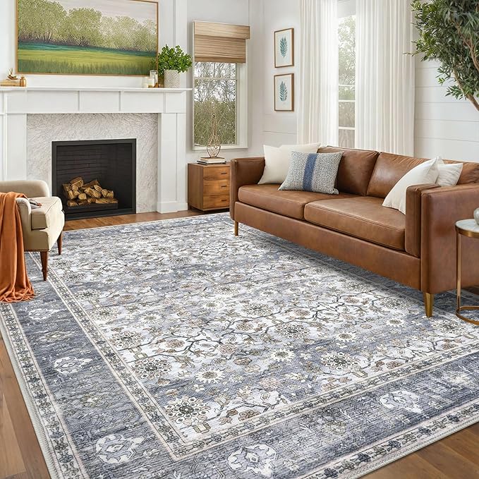 KUTA Vintage Floral Area Rug 6x9 Grey Blue, Washable Rugs for Living Room Non Slip, Ultra Thin Soft Print Distressed Flower Low-Pile Traditional Farmhouse Carpet for Bedroom Dining Room Dorm Office