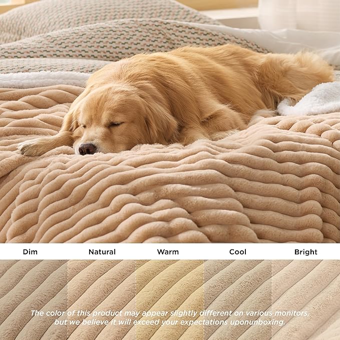 Bedsure Waterproof Dog Blankets for Large Dogs - Soft Pet Cat Blanket Corduroy Fleece for Couch Bed Protector Washable, Cozy Calming Reversible Furniture Protection for Puppy,50"x60", Tuscan Beige
