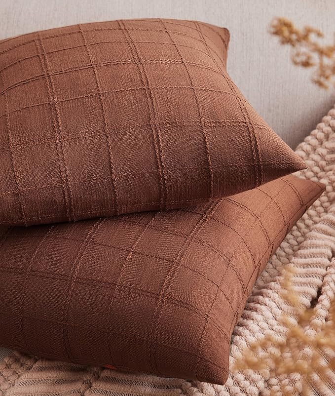 ZeeMart Linen Checked Throw Pillow Covers Set of 2, 16x16 Inch Allover Grid Terracota, Farmhouse Decorative Double Sided Grid Embroidered Couch Pillow Cases Rust Cotton Linen Cushion Covers