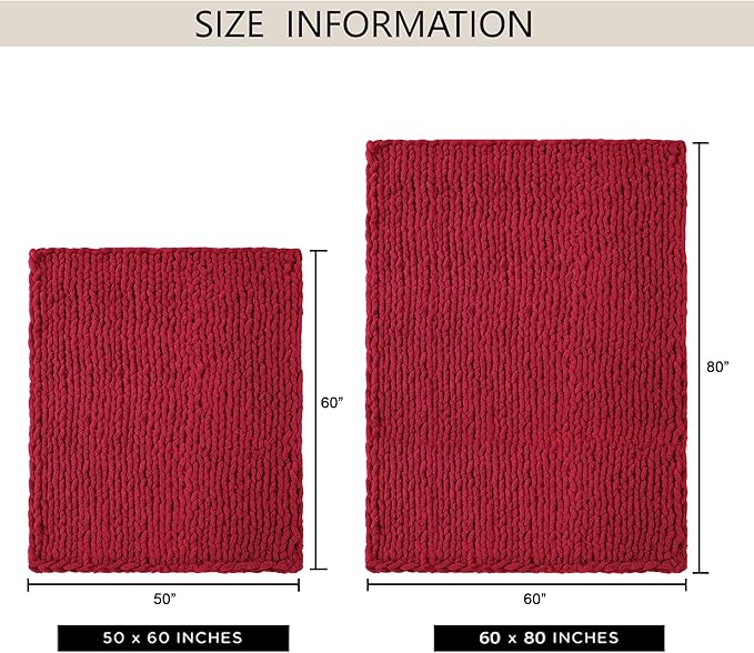 Chunky Knit Throw Blanket 60"X 80", 100% Handmade with Soft Chenille Yarn, 4.4lbs Thick Cable Knitted Blankets, Large Rope Knot Crochet Throws for Couch Sofa Bed Home Decor, Red