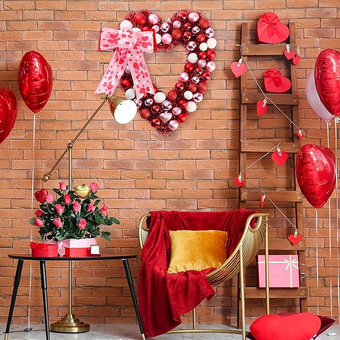 Sggvecsy 17.7’’ Heart Shaped Wreath with Bowknot Valentines Day Red Pink White Red Balls Decorations with Tinsel for Front Door Wedding Anniversary Wall Decor Gift for Girlfriend Mother’s Day