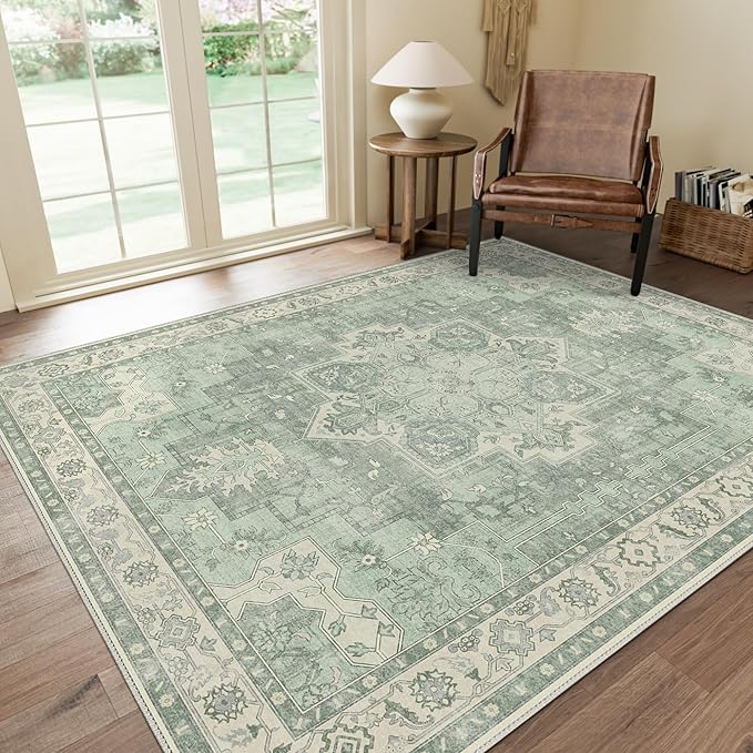 GENIMO 8x10 Area Rugs for Living Room, Machine Washable Non Slip Vintage Rugs, Low Pile Lightweight Chenille Print Rug for Bedroom, Dining Room, Home Office, Light Green