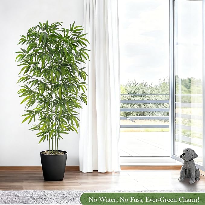 Artificial Tree Fake Plants, Artificial Bamboo Tree 6FT Tall in Black Potted, Artificial Tree Indoor Decor Bamboo Silk Tree with Natural Wood Trunk, for Home Office Living Room Modern