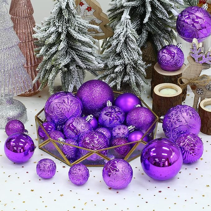 34ct Purple Christmas Ball Ornaments Shatterproof Plastic Christmas Tree Decorations for Xmas Party Home Office Holiday Decor -Medium Size (2.36"/ 60mm)