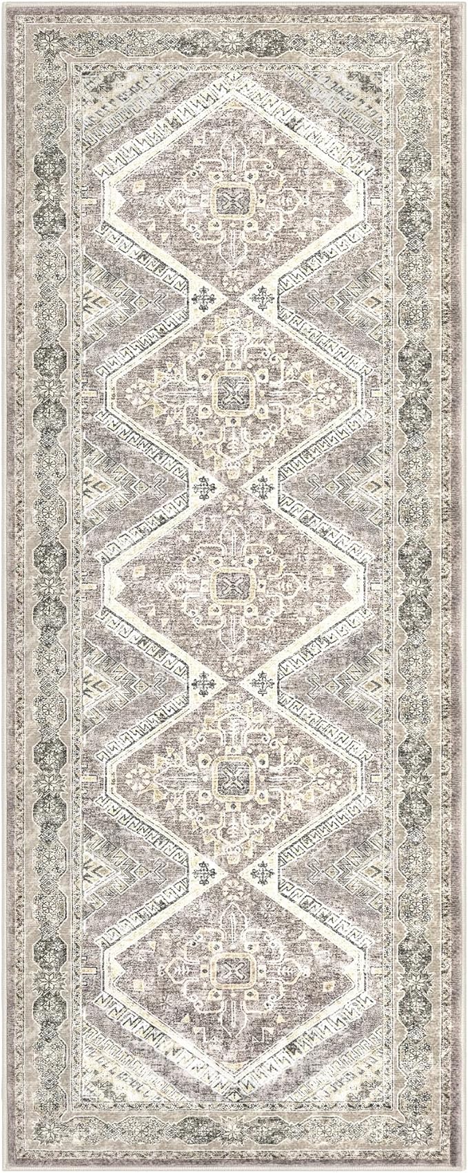 KUTA Oriental Washable Runner Rug, 2x6 Non-Slip Vintage Ivory Grey Yellow Brown Hallway Kitchen Runners Ultra Soft Printed Distressed Tribal Floor Carpet Rugs for Laundry Bedroom Living Room
