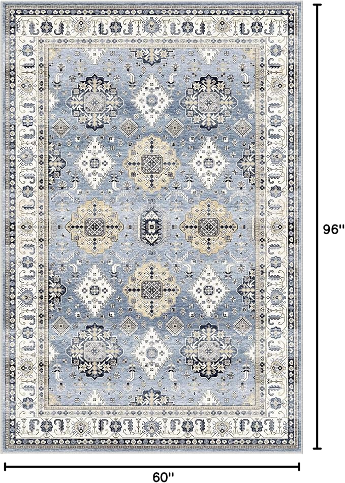 Dripex Vintage Washable Area Rug - 5x8 Distressed Rugs for Living Room Bedroom Oriental Medallion Floral Print Carpet Low-Pile Indoor Soft Non-Slip Accent Rug Farmhouse Office Home Decor
