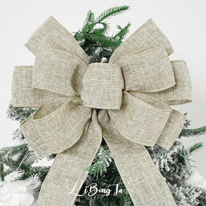 13" Burlap Wired Ribbon Bow Christmas Tree Topper Bow, Rustic Bow Party Decorations, Premade Bows with Twist Tie, Large Gift Bow for Outdoor Wreath, Wedding, Holiday, Birthday-1 PCs