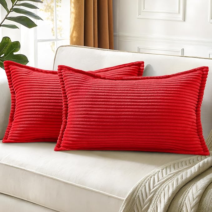 decorUhome Christmas Corduroy Red Throw Pillow Covers 12x20 Set of 2 Decorative Soft Boho Farmhouse Lumbar Euro Couch Pillow Covers for Living Room Bed Sofa Broadside Striped Pillow Cases
