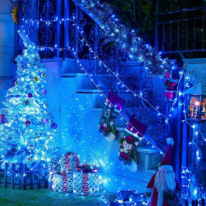 JMEXSUSS 150 LED Blue Christmas Lights Indoor Outdoor, Connectable 59 ft String Lights Plug in, 8 Modes Blue Twinkle Fairy Lights for Bedroom Patio Party Tree Christmas Decorations