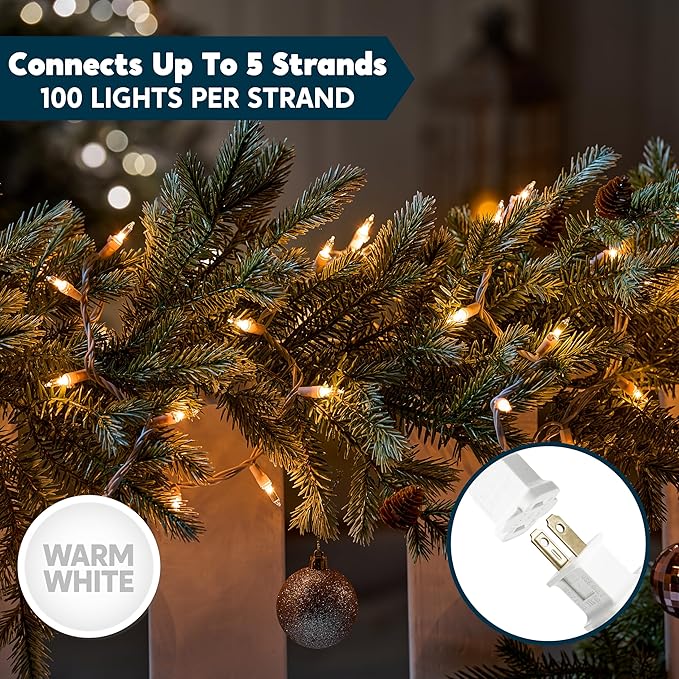 JOIEDOMI Christmas String Lights Indoor,100 Count Mini Warm Fairy Light,21.5FT Lighting Decor for Patio Dorm Classroom Bedroom Holiday Wedding Party Garland Birthday Festival Valentines Day,White Wire
