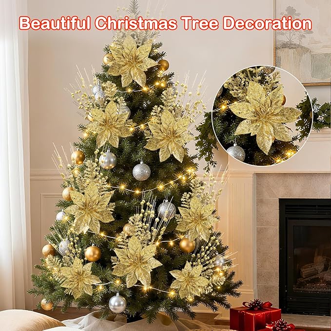 18 Pack Christmas Tree Ornaments Set, 17.5 Inch Gold Fake Christmas Picks Decorations with 2 Styles, Artificial Glitter Berry Stem Ornaments for Christmas Tree Wedding Small Vase Wreath Decor