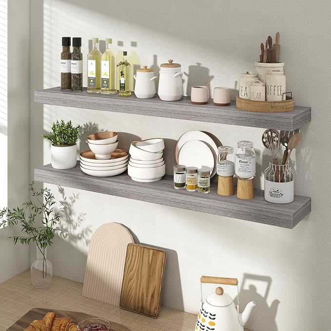 36 Inch Floating Shelves for Wall 2 Pack, 36" Wall Shelves for Books, Storage, Decor, Wall Mounted Floating Shelf with Invisible Brackets for Kitchen, Living Room, Gray