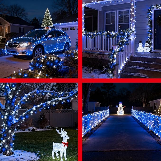 350LED Christmas Lights Indoor Outdoor, 90ft 12 Modes Blue and Cool White LED String Lights with Timer Dimmable, Waterproof Tree Lights for Xmas Patio Yard Fence Wedding Bedroom Garden Decor