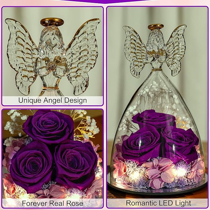 Christmas Rose Gifts for Women Preserved Real Flower in Glass Angel Figurines Roses for Delivery Prime Birthday Gifts for Mom Grandma Girlfriend Wife Her - Purple