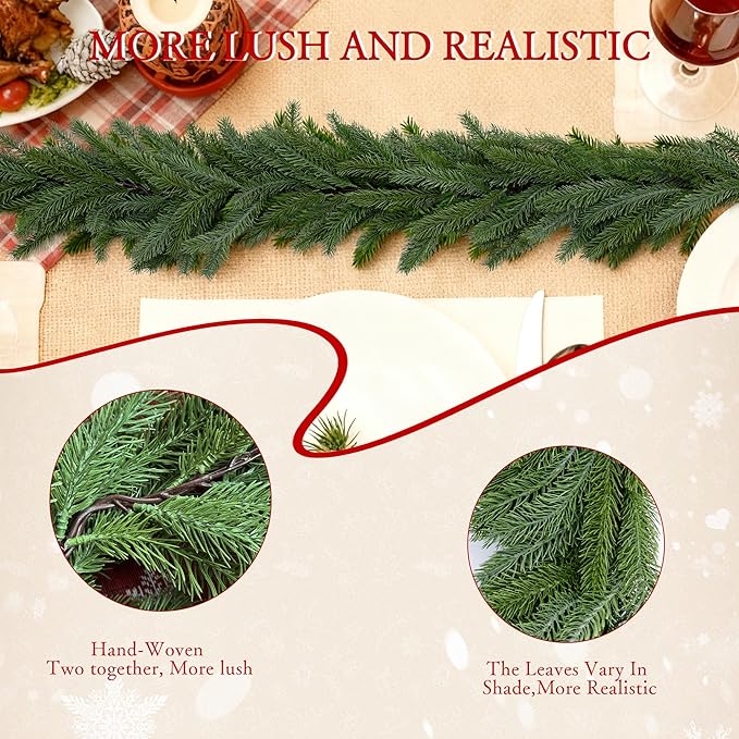 2Pcs 6Ft Norfolk Pine Garlands Realistic,Real Touch Winter Xmas Garland with 144Tips,Christmas Decorations Indoor Outdoor,Artificial Holiday Decor Faux Greenery for Mantle,Fireplace, Table