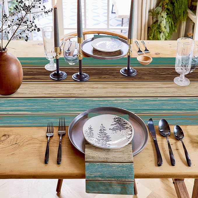 Table Runners 14X48 Inches Long, Teal Turquoise Green Brown ,Cotton Linen Farmhouse Retro Rustic Barn Wood Texture Tablecloths Non-Slip Party Table Decorations for Kitchen ,Home ,Dining ,Outdoor,