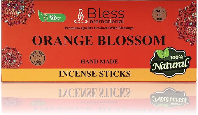 Bless-Orange-Blossom 100%-Natural-Handmade-Hand-Dipped-Incense-Sticks Organic-Chemicals-Charcoal-Free Purification-Relaxation-Positivity-Yoga-Meditation Best-Woods-Scent (100 Sticks(5.25 OZ))