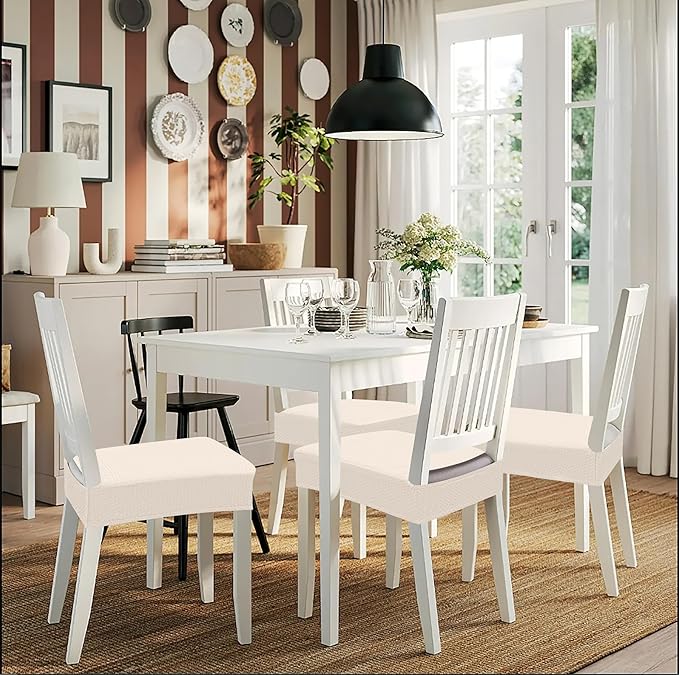 Smiry Stretch Jacquard Seat Covers for Dining Room Chairs Set of 6, Removable Washable Chair Seat Protector Slipcovers, No Rear Covers, Beige