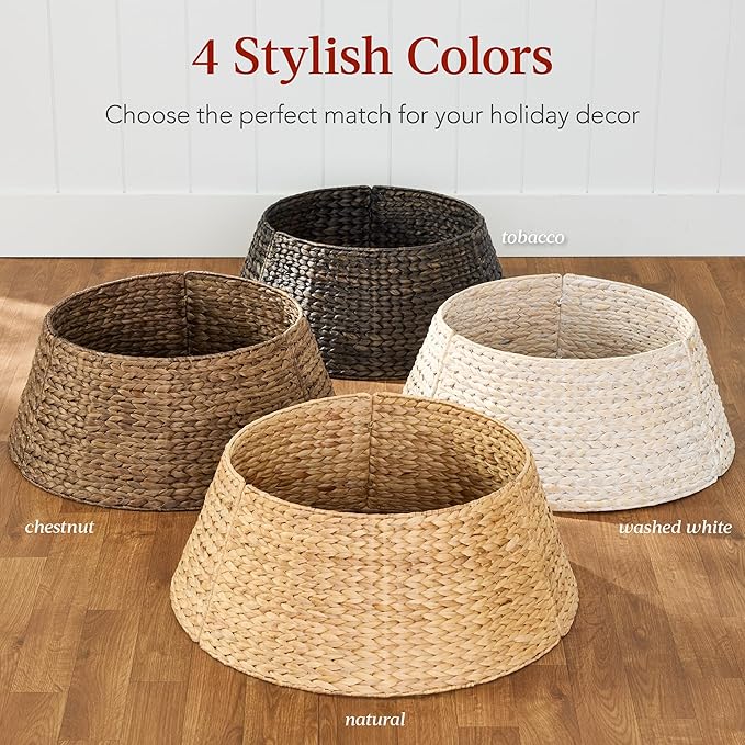 Best Choice Products 24in Christmas Tree Collar, Woven Hyacinth 3-Piece Holiday Rattan Tree Skirt Accessory for Home w/Cord Cut-Out - Transparent White