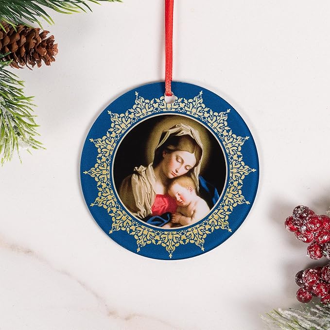 Madonna & Holy Child Acrylic Ornament - Traditional Catholic & Christian Christmas Decor - Ornate Religious Decorative Hanging Ornaments for Tree