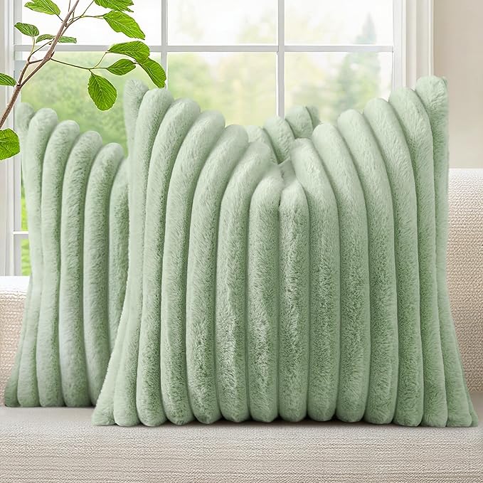 decorUhome Faux Fur Christmas Throw Pillow Covers 24x24 Set of 2, Decorative Soft Plush Striped Neutral Couch Euro Pillow Covers with Velvet Back for Sofa, Bed, Living Room Home Decor, Sage Green