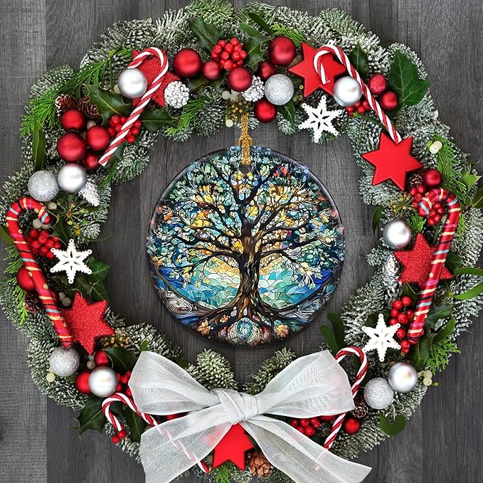 Stained Ceramic Tree of Life Ornament - Christmas Decorations and Holiday Present Ideas - Tree of Life Decor for Office, Room, Home