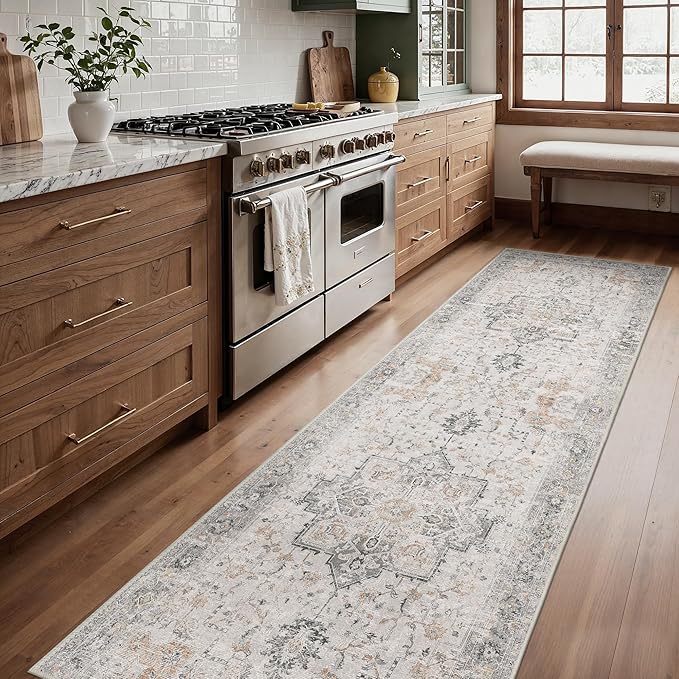 Runner Rug 2'6''x8, Non Slip Vintage Hallway Runner Rugs, Low Pile Lightweight Machine Washable Mat for Hallway, Entryway, Bedroom, Kitchen and Corridor, Light Taupe Brown