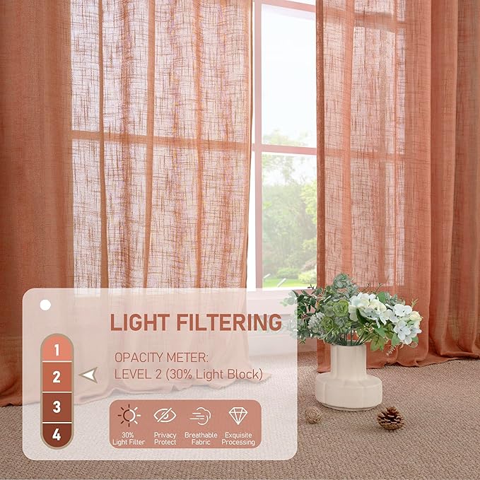 LAMIT Terracotta Linen Boho Curtains 84 inch Length 2 Panels, Light Filtering Burnt Orange Panels Back Tab and Rod Pocket Western Rustic Drapes for Bedroom/Living Room, 52 x 84 Inch