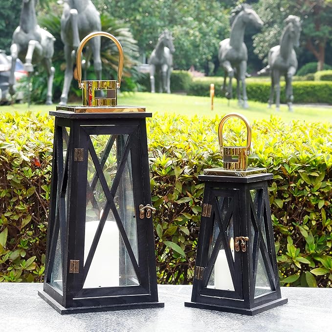 TRIROCKS Set of 2 Farmhouse Wood Candle Lantern 22'' &15.5'' H Decorative Candle Holders with Tempered Glass Rustic Hanging Lantern for Garden Patio Wedding Parties Indoor Outdoor(Black Trapezoid)