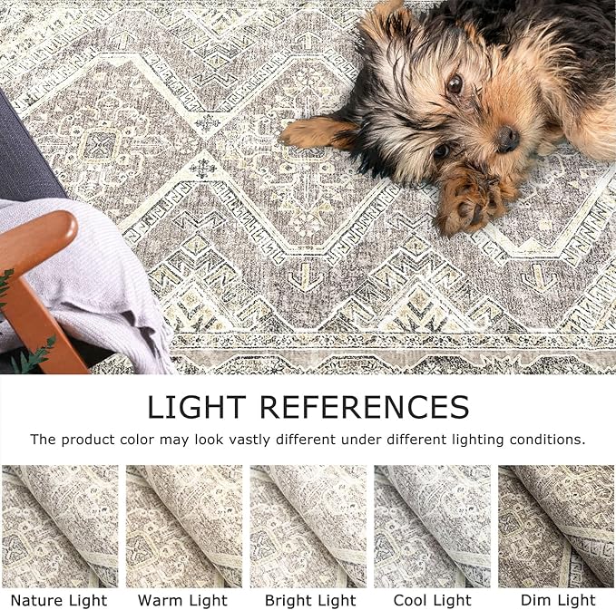 KUTA Oriental Washable Runner Rug, 2x6 Non-Slip Vintage Ivory Grey Yellow Brown Hallway Kitchen Runners Ultra Soft Printed Distressed Tribal Floor Carpet Rugs for Laundry Bedroom Living Room