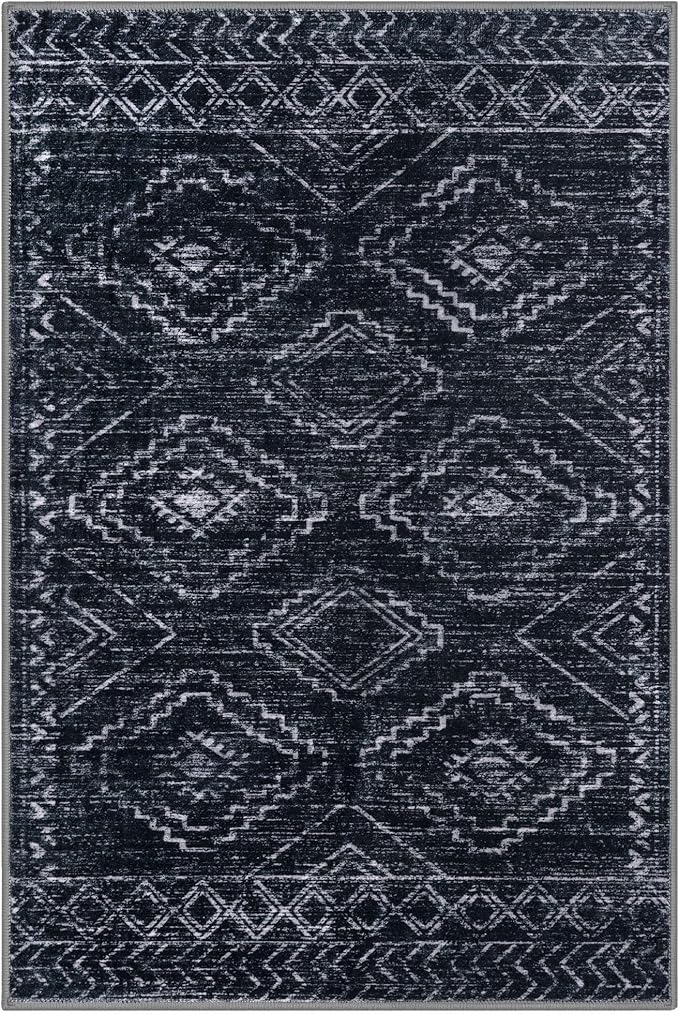KILOCOCO Boho Entryway Rug 2x3 Printed Small Area Rug Indoor Door Mat Machine Washable Kitchen Rugs Super Soft Non Slip Throw Rugs for Bedroom Entrance Geometric Laundry Room, Black/Navy