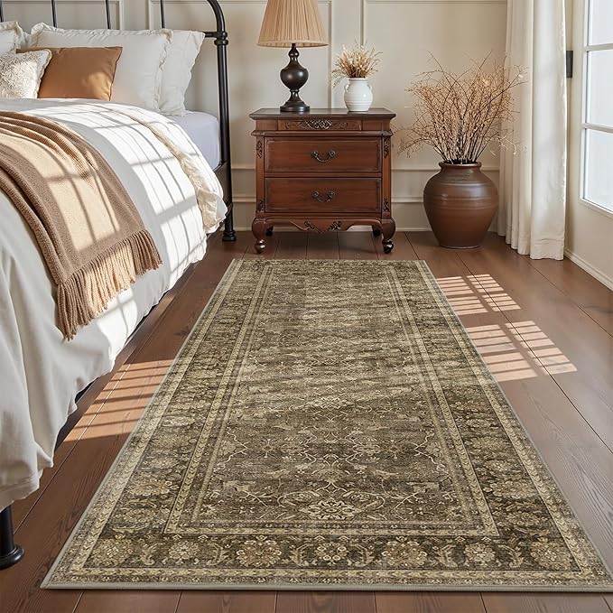 2x6 Runner Rug for Hallways Vintage Distressed Non Slip Long Carpet Floral Boho Distress Print Pattern Mat Lightweight Retro Accent Throw Carpet for Kitchen Bedroom Bedside Laundry Room-Brown ﻿
