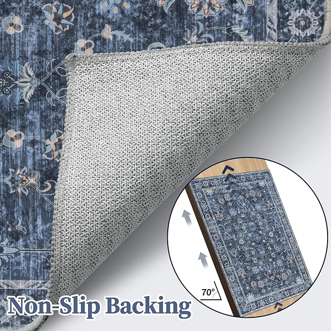 Tangsoo 4x6 Washable Area Rugs Non Slip, Boho Distressed Vintage Blue Floral Throw Rug for Bedroom Nursery, Soft Low Pile Floor Carpet Indoor Mat for Entrance Bedside Kitchen Office Farmhouse Bathroom