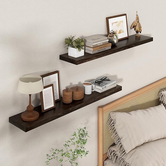 Axeman Floating Shelves for Wall, 8 Inch Deep Rustic Solid Elm Wood Wall Shelves for Storage, Wall Mounted Display Shelving with Invisible Heavy-Duty Metal Bracket, 36'' Width Set of 2, Walnut