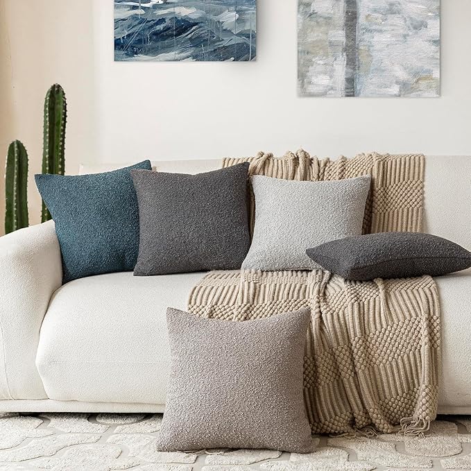 Foindtower Set of 2, Decorative Textured Boucle Throw Pillow Covers Accent Solid Pillow Cases Neutral Soft Cozy Couch Cushion Case for Chair Sofa Bedroom Living Room Home Decor 16 x 16 Inch Blue