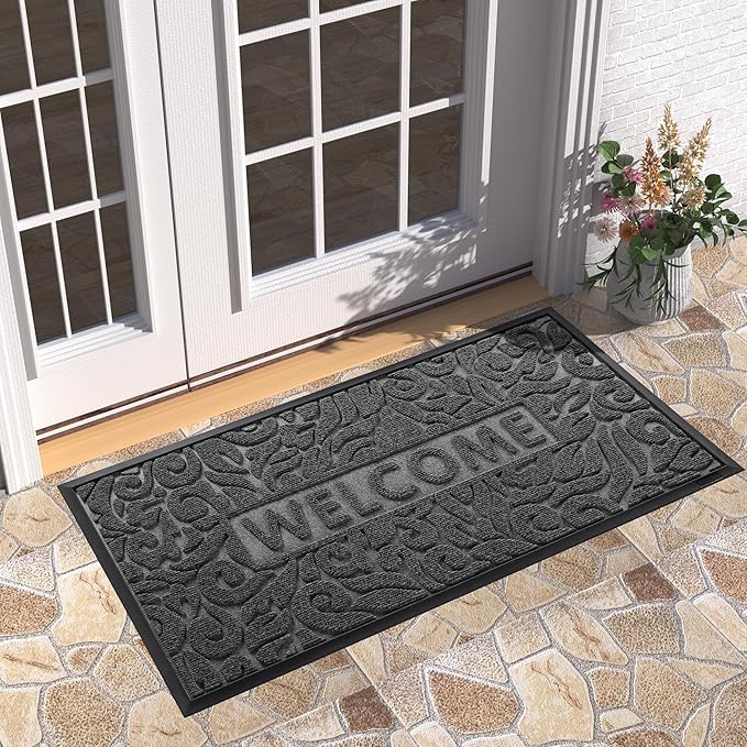 Yimobra Large Welcome Mat 47x24, Waterproof Non-Slip Outdoor Mats for Front Door Outside Entrance, Low-Profile Entryway Mat Indoor for Garage Patio, Grey