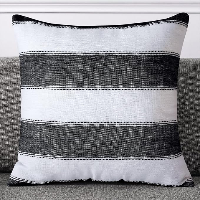 AmHoo Pack of 2 Farmhouse Stripe Check Throw Pillow Covers Set Case Cotton Linen Decorative Pillowcases Cushion Cover for Couch Bench Sofa 20x20Inch Black