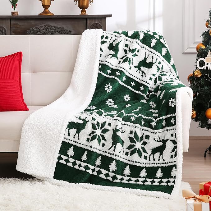 SOCHOW Christmas Holiday Jacquard Sherpa Fleece Throw Blanket, Fuzzy Warm Super Soft Reversible Plush Blanket for Bed, Sofa and Couch, 50 x 60 inches, Green